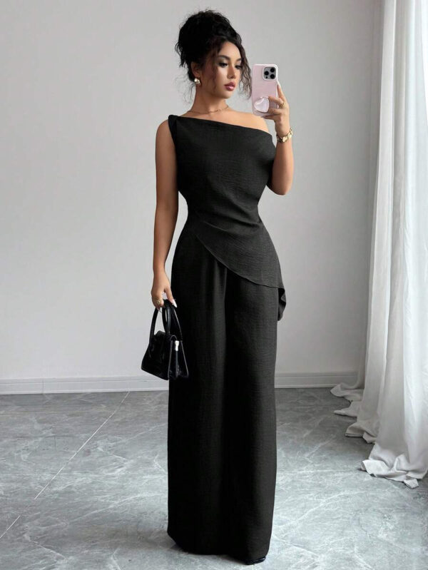 Elenzga Nouvelle tenue 2 pièces d'été, convenant pour les voyages et les séances photo, top élégant bleu profond asymétrique à l'épaule + pantalon casual taille haute – Image 27