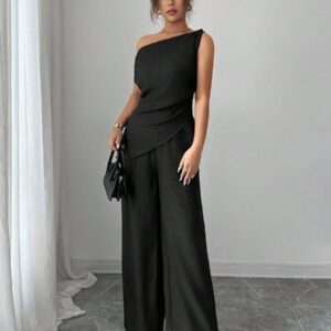 Elenzga Nouvelle tenue 2 pièces d'été, convenant pour les voyages et les séances photo, top élégant bleu profond asymétrique à l'épaule + pantalon casual taille haute