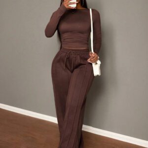 Slaydiva Pantalon de jogging droit décontracté marron avec cordon de serrage et t-shirt à manches longues côtelé unicolore, ensemble 2 pièces, automne/hiver pour femmes