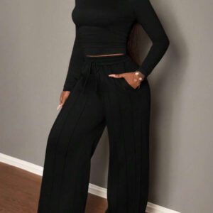 Slaydiva Pantalon de jogging droit décontracté marron avec cordon de serrage et t-shirt à manches longues côtelé unicolore, ensemble 2 pièces, automne/hiver pour femmes