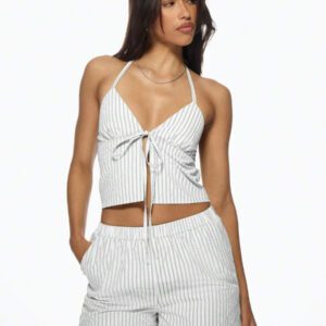 MISSGUIDED Ensemble coordonné rayé Top court à nœud avec short d'été à taille haute. Tenue deux pièces pour la détente, décontractée, plage et villégiature
