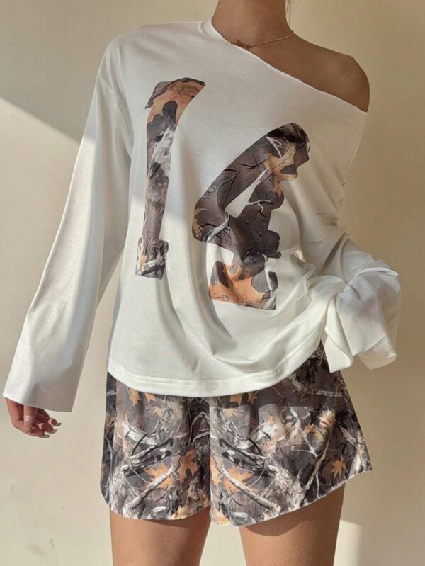Aloruh 2 pièces/ensemble Top à manches longues avec épaules dénudées et shorts pour femmes – Image 2