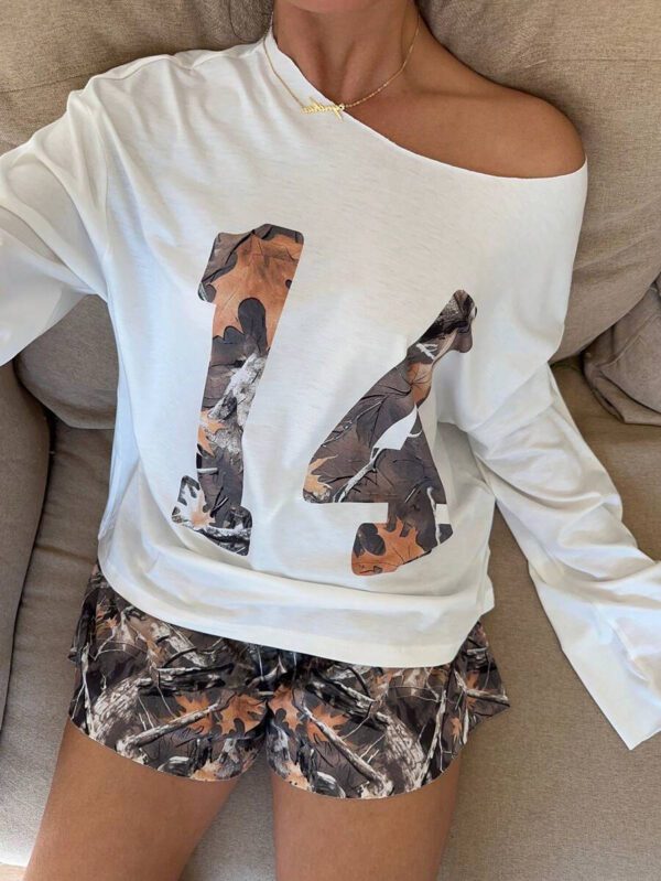 Aloruh 2 pièces/ensemble Top à manches longues avec épaules dénudées et shorts pour femmes – Image 5