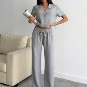 Gooodcoin Chemise et pantalon d'été en lin décontracté unicolore