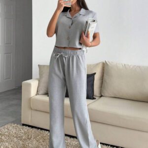 Gooodcoin Chemise et pantalon d'été en lin décontracté unicolore