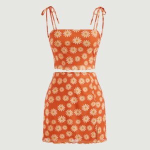 Gooodcoin MOD à imprimé floral à épaule nouée Top à fines brides & Jupe