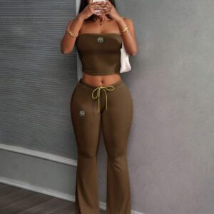 Slaydiva Ensemble 2 pièces de style rue décontracté: top tube court et pantalon skinny taille haute, convient pour toutes les saisons