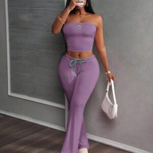 Slaydiva Ensemble 2 pièces de style rue décontracté: top tube court et pantalon skinny taille haute, convient pour toutes les saisons