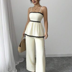 Elenzga 2 pièces Combinaison élégante d'été pour femme, à taille serrée, bicolore, pour les vacances