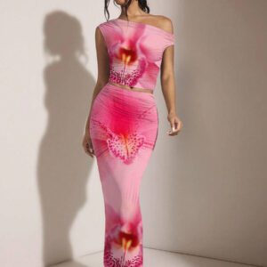 SHEIN BAE Ensemble top ajusté à épaule asymétrique froncée et mini-jupe moulante à imprimé floral, adapté pour l'été