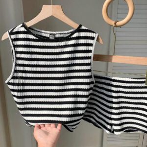Comfortcana Ensemble 2 pièces débardeur et short rayés noir et blanc, décontracté pour l'été