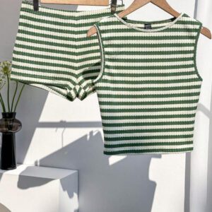 Comfortcana Ensemble 2 pièces débardeur et short rayés noir et blanc, décontracté pour l'été