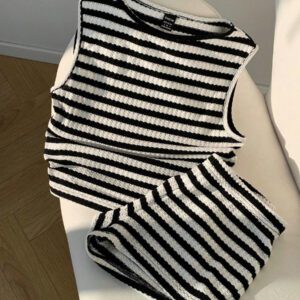 Comfortcana Ensemble 2 pièces débardeur et short rayés noir et blanc, décontracté pour l'été