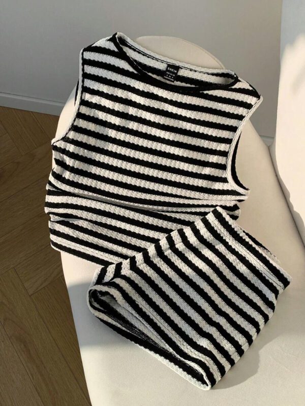 Comfortcana Ensemble 2 pièces débardeur et short rayés noir et blanc, décontracté pour l'été – Image 7