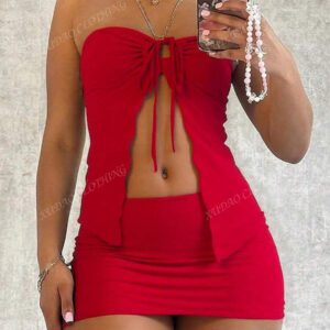 Ensemble jupe et Top tube sexy unicolore pour femmes, Top irrégulier et évidé, jupe moulante. Tenues pour Noël, sorties, soirées en boîte de nuit, robes corset, épaules dénudées, tenues pour concerts et raves
