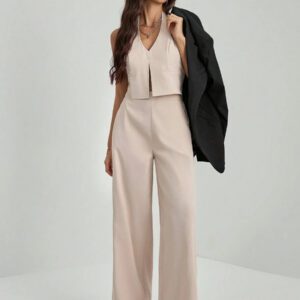 SHEIN Tall Top sans manches avec décolleté en V et dos nu + Pantalon large pour dames de bureau, costume amincissant et allongeant