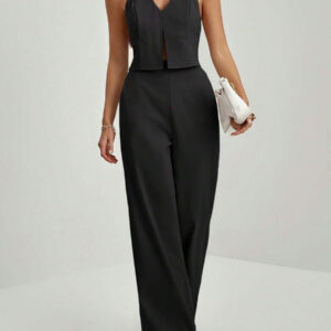 SHEIN Tall Top sans manches avec décolleté en V et dos nu + Pantalon large pour dames de bureau, costume amincissant et allongeant