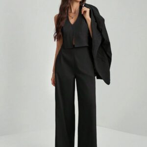 SHEIN Tall Top sans manches avec décolleté en V et dos nu + Pantalon large pour dames de bureau, costume amincissant et allongeant