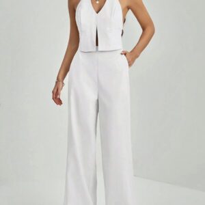 SHEIN Tall Top sans manches avec décolleté en V et dos nu + Pantalon large pour dames de bureau, costume amincissant et allongeant