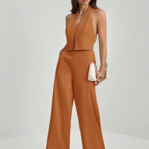 SHEIN Tall Top sans manches avec décolleté en V et dos nu + Pantalon large pour dames de bureau, costume amincissant et allongeant