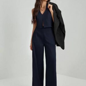SHEIN Tall Top sans manches avec décolleté en V et dos nu + Pantalon large pour dames de bureau, costume amincissant et allongeant