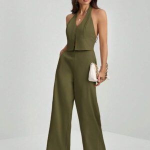 SHEIN Tall Top sans manches avec décolleté en V et dos nu + Pantalon large pour dames de bureau, costume amincissant et allongeant