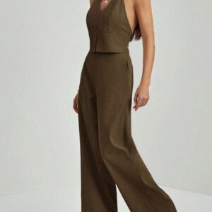 SHEIN Tall Top sans manches avec décolleté en V et dos nu + Pantalon large pour dames de bureau, costume amincissant et allongeant
