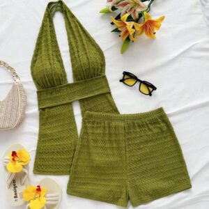 Soleia 2 pièces/set Top à fines bretelles et short minimaliste unicolore pour femme, sexy