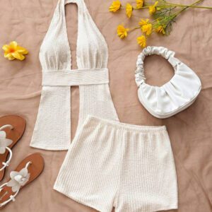 Soleia 2 pièces/set Top à fines bretelles et short minimaliste unicolore pour femme, sexy