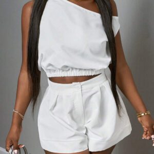 Slaydiva Nouvel ensemble de deux pièces élégant pour le printemps et l'été : Top ample aux épaules dénudées + short à ourlet en forme de A, tissu blanc pour femmes