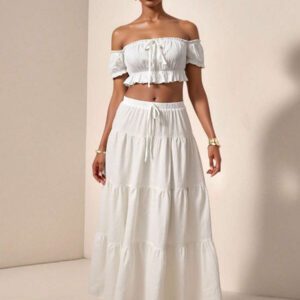 Slaydiva Ensemble de vacances femme avec top à épaules dénudées avec volants et jupe longue à taille nouée avec volants. Doux et mignon pour les sorties, les rendez-vous et les vacances à la plage.
