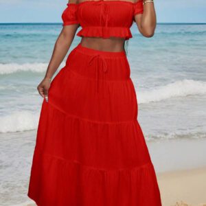Slaydiva Ensemble de vacances femme avec top à épaules dénudées avec volants et jupe longue à taille nouée avec volants. Doux et mignon pour les sorties, les rendez-vous et les vacances à la plage.