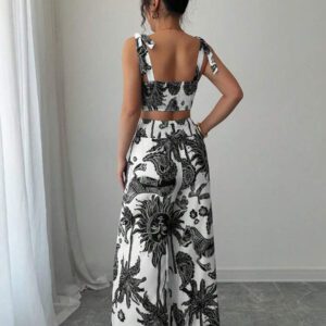 SHEIN PETITE Set de 2 pièces : Débardeur à imprimé tout-sur-over et pantalon long taille haute pour femmes en été