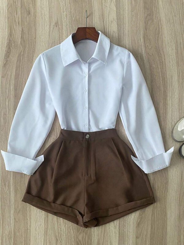 INAWLY Ensemble top manches longues et shorts de couleur unie pour femmes, tenue de bureau décontractée – Image 2