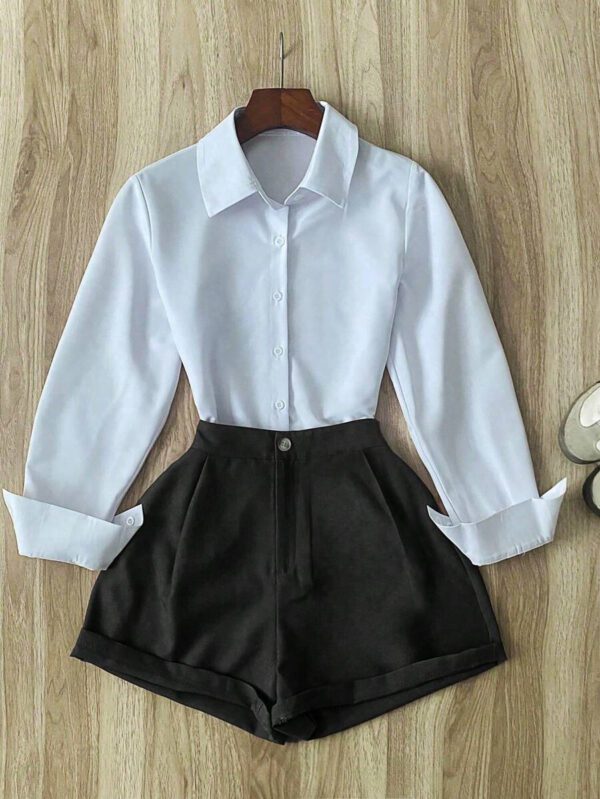 INAWLY Ensemble top manches longues et shorts de couleur unie pour femmes, tenue de bureau décontractée – Image 10