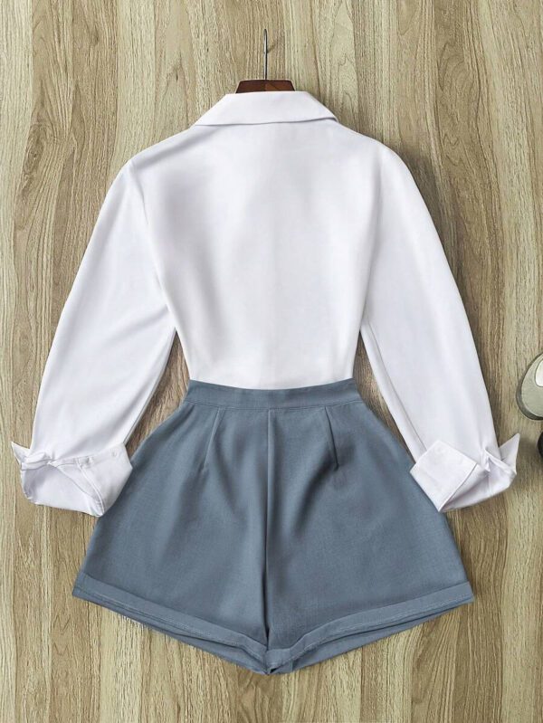 INAWLY Ensemble top manches longues et shorts de couleur unie pour femmes, tenue de bureau décontractée – Image 18