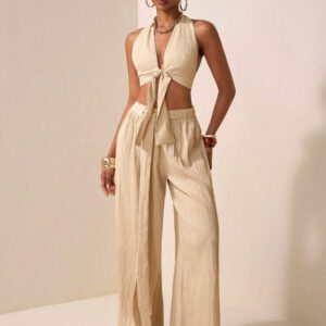Zivah Ensemble de deux pièces pour femmes 2025 Nouveau style: Top court sans manches avec encolure en V profonde et design de bretelles au centre + Pantalon évasé extra long de couleur abricot. Convient pour les occasions casual, vacances, plage, soirées