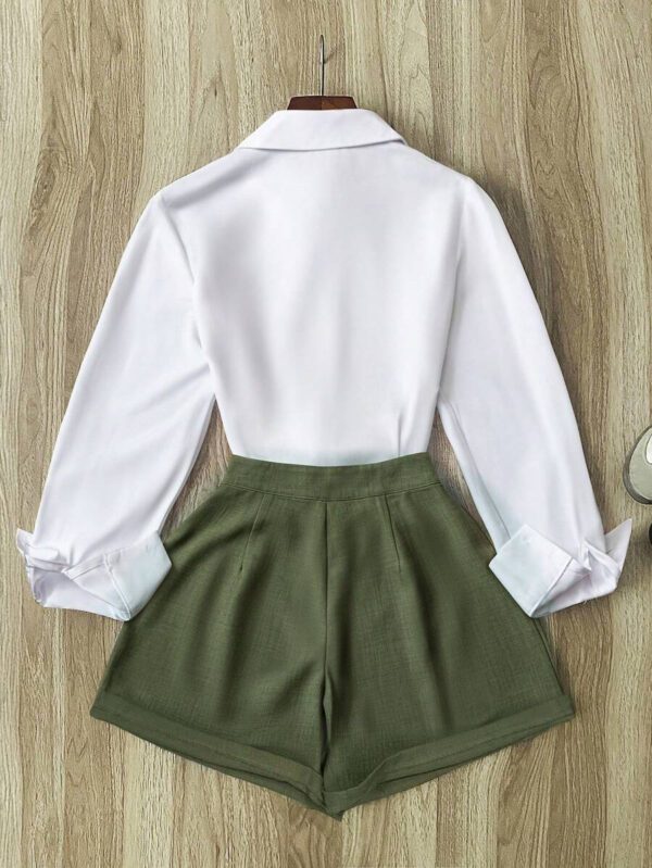 INAWLY Ensemble top manches longues et shorts de couleur unie pour femmes, tenue de bureau décontractée – Image 24