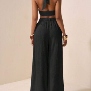 Zivah Ensemble de deux pièces pour femmes 2025 Nouveau style: Top court sans manches avec encolure en V profonde et design de bretelles au centre + Pantalon évasé extra long de couleur abricot. Convient pour les occasions casual, vacances, plage, soirées