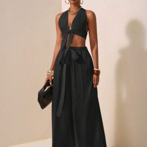 Zivah Ensemble de deux pièces pour femmes 2025 Nouveau style: Top court sans manches avec encolure en V profonde et design de bretelles au centre + Pantalon évasé extra long de couleur abricot. Convient pour les occasions casual, vacances, plage, soirées
