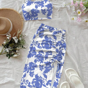 Soleia 2 pièces/Set Femmes Ensemble top court et mini-jupe imprimé floral, tenue estivale de loisirs