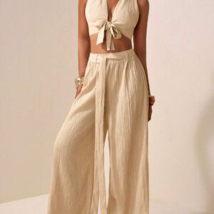 Zivah Ensemble de deux pièces pour femmes 2025 Nouveau style: Top court sans manches avec encolure en V profonde et design de bretelles au centre + Pantalon évasé extra long de couleur abricot. Convient pour les occasions casual, vacances, plage, soirées