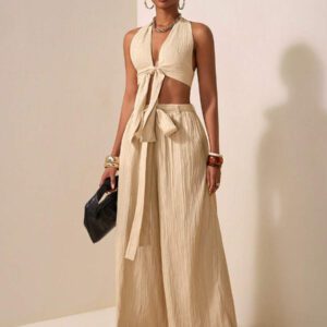 Zivah Ensemble de deux pièces pour femmes 2025 Nouveau style: Top court sans manches avec encolure en V profonde et design de bretelles au centre + Pantalon évasé extra long de couleur abricot. Convient pour les occasions casual, vacances, plage, soirées