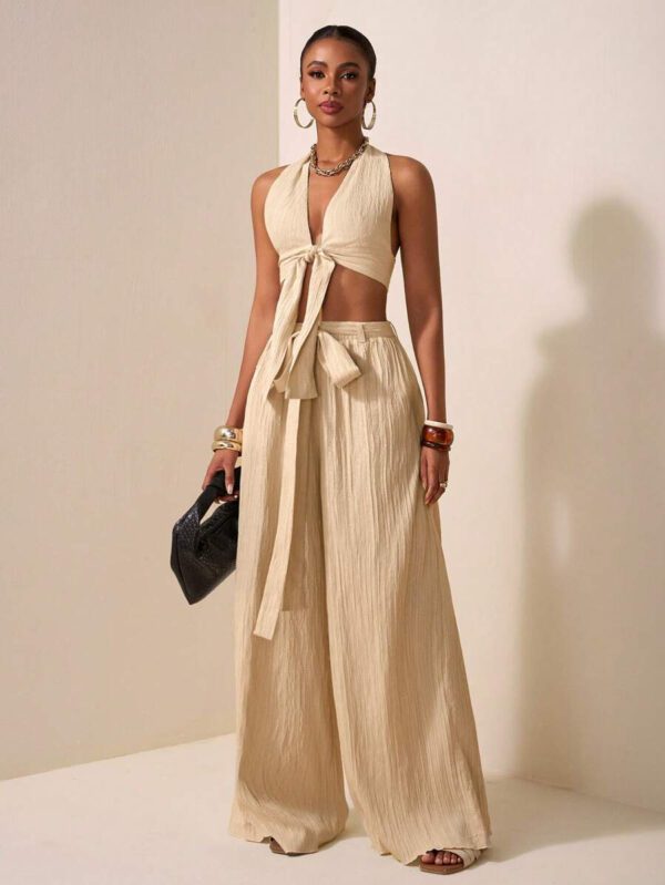 Zivah Ensemble de deux pièces pour femmes 2025 Nouveau style: Top court sans manches avec encolure en V profonde et design de bretelles au centre + Pantalon évasé extra long de couleur abricot. Convient pour les occasions casual, vacances, plage, soirées – Image 6