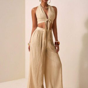 Zivah Ensemble de deux pièces pour femmes 2025 Nouveau style: Top court sans manches avec encolure en V profonde et design de bretelles au centre + Pantalon évasé extra long de couleur abricot. Convient pour les occasions casual, vacances, plage, soirées