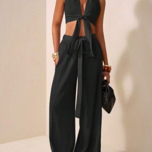 Zivah Ensemble de deux pièces pour femmes 2025 Nouveau style: Top court sans manches avec encolure en V profonde et design de bretelles au centre + Pantalon évasé extra long de couleur abricot. Convient pour les occasions casual, vacances, plage, soirées