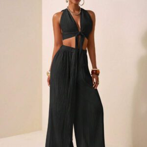 Zivah Ensemble de deux pièces pour femmes 2025 Nouveau style: Top court sans manches avec encolure en V profonde et design de bretelles au centre + Pantalon évasé extra long de couleur abricot. Convient pour les occasions casual, vacances, plage, soirées