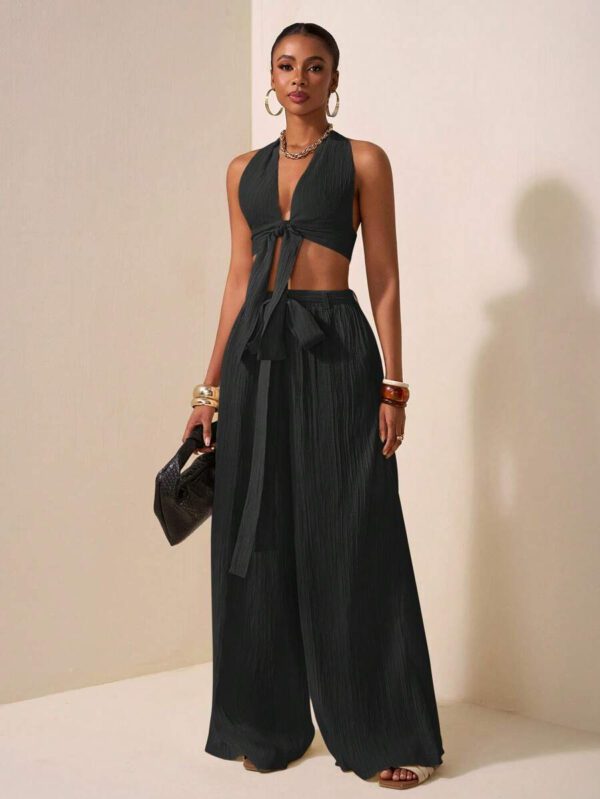 Zivah Ensemble de deux pièces pour femmes 2025 Nouveau style: Top court sans manches avec encolure en V profonde et design de bretelles au centre + Pantalon évasé extra long de couleur abricot. Convient pour les occasions casual, vacances, plage, soirées – Image 14