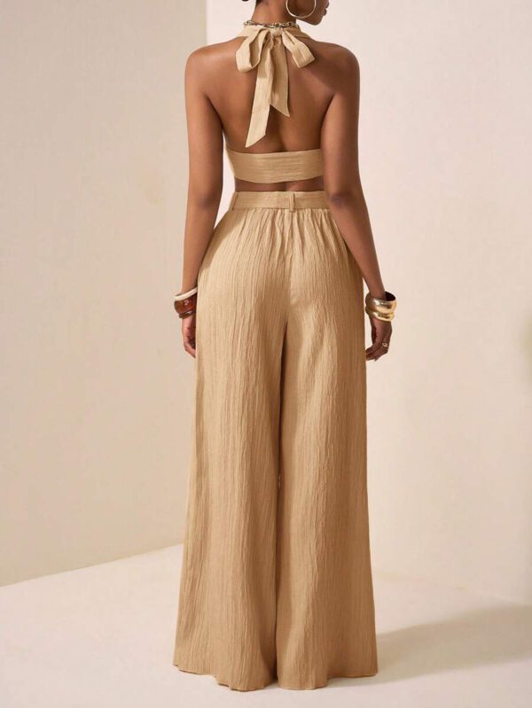 Zivah Ensemble de deux pièces pour femmes 2025 Nouveau style: Top court sans manches avec encolure en V profonde et design de bretelles au centre + Pantalon évasé extra long de couleur abricot. Convient pour les occasions casual, vacances, plage, soirées – Image 17