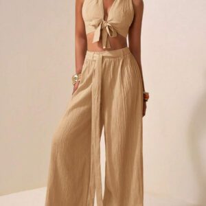 Zivah Ensemble de deux pièces pour femmes 2025 Nouveau style: Top court sans manches avec encolure en V profonde et design de bretelles au centre + Pantalon évasé extra long de couleur abricot. Convient pour les occasions casual, vacances, plage, soirées